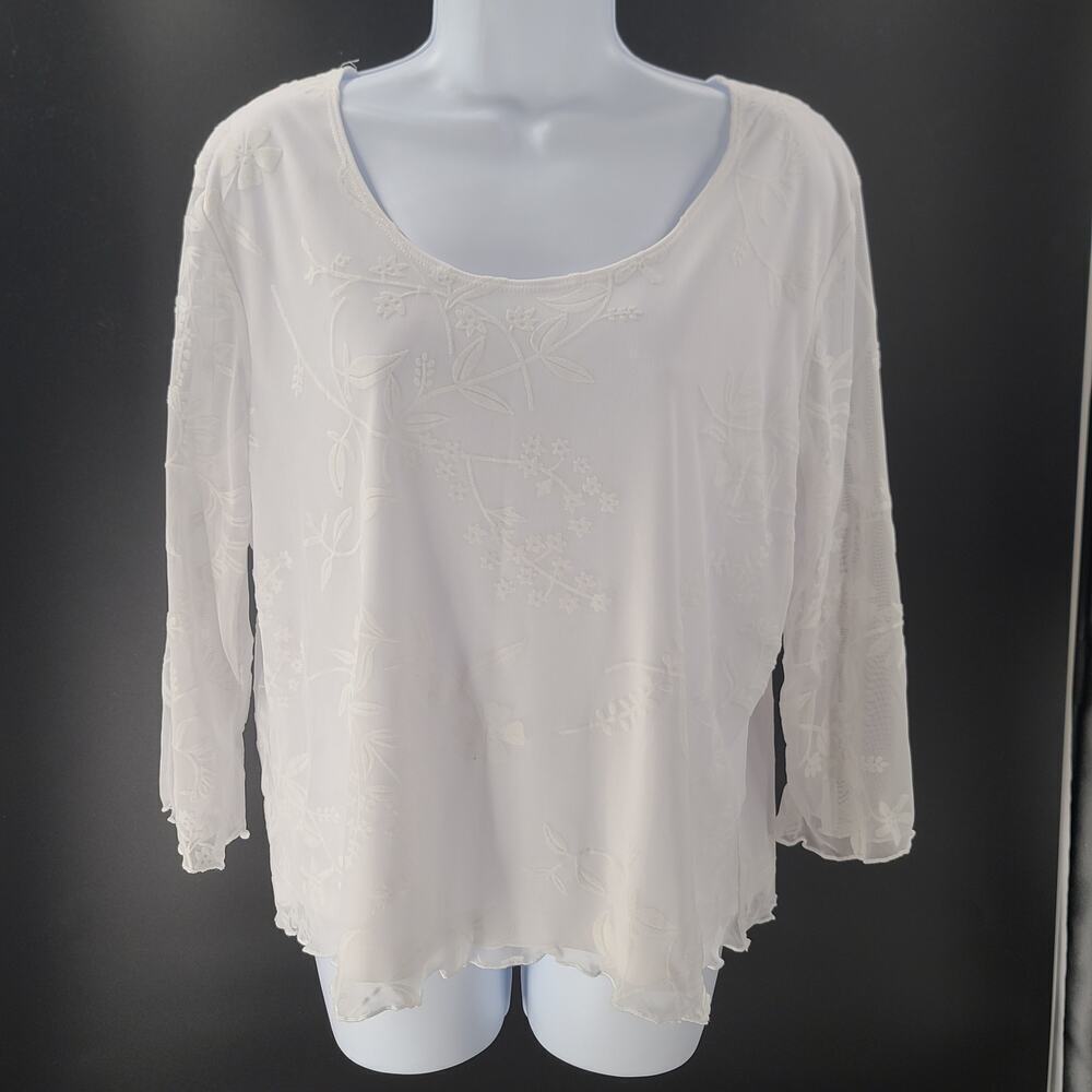 Pamela Stewart Vintage white floral overlay women's blouse Size XL Cottagecore